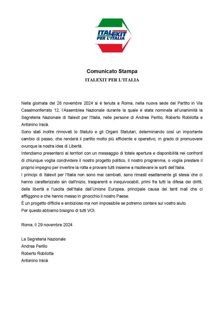 Versione in carta intestata del comunicato stampa